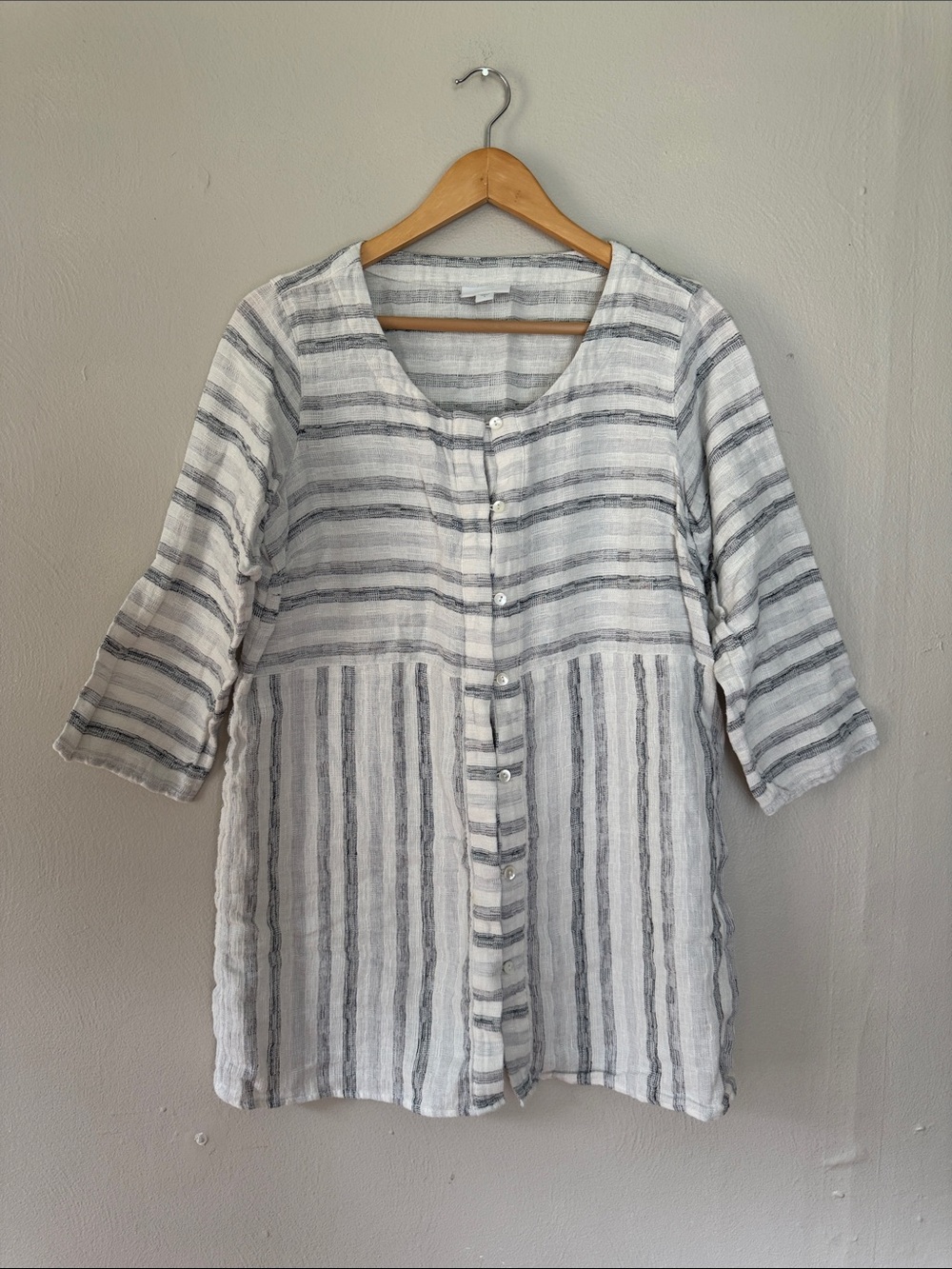 Pure Jill Striped Button-Front Linen Blend Tunic Top - White & Gray small